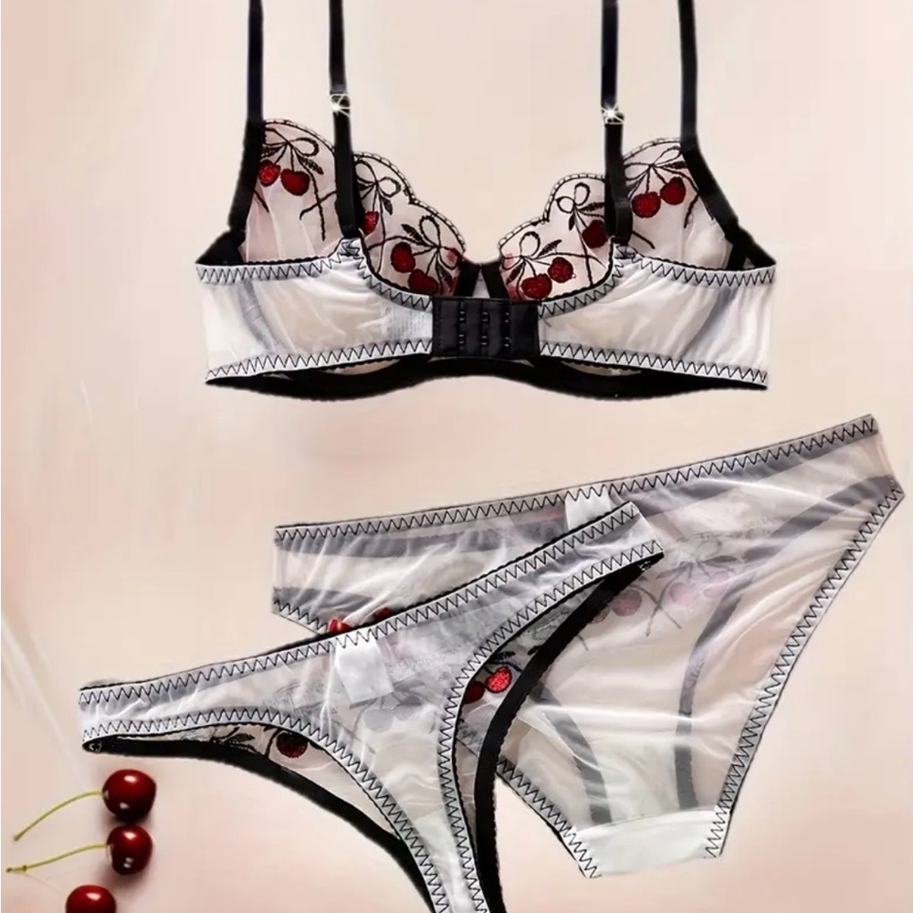 Cherry Embroidered Lingerie Set, Black, Red & White, NEW, 3 pcs. - Picture 3 of 9